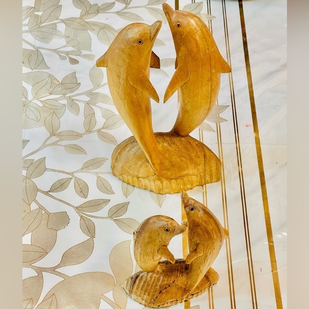 Lot Of 2 Wooden Carved 2 Dolphins Statue Sculpture Wood Decor Figurine